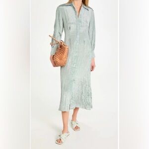 Vince Shirtdress Collared Long Sleeve Crinkled Satin Loose Fit Sea Stone Sage M
